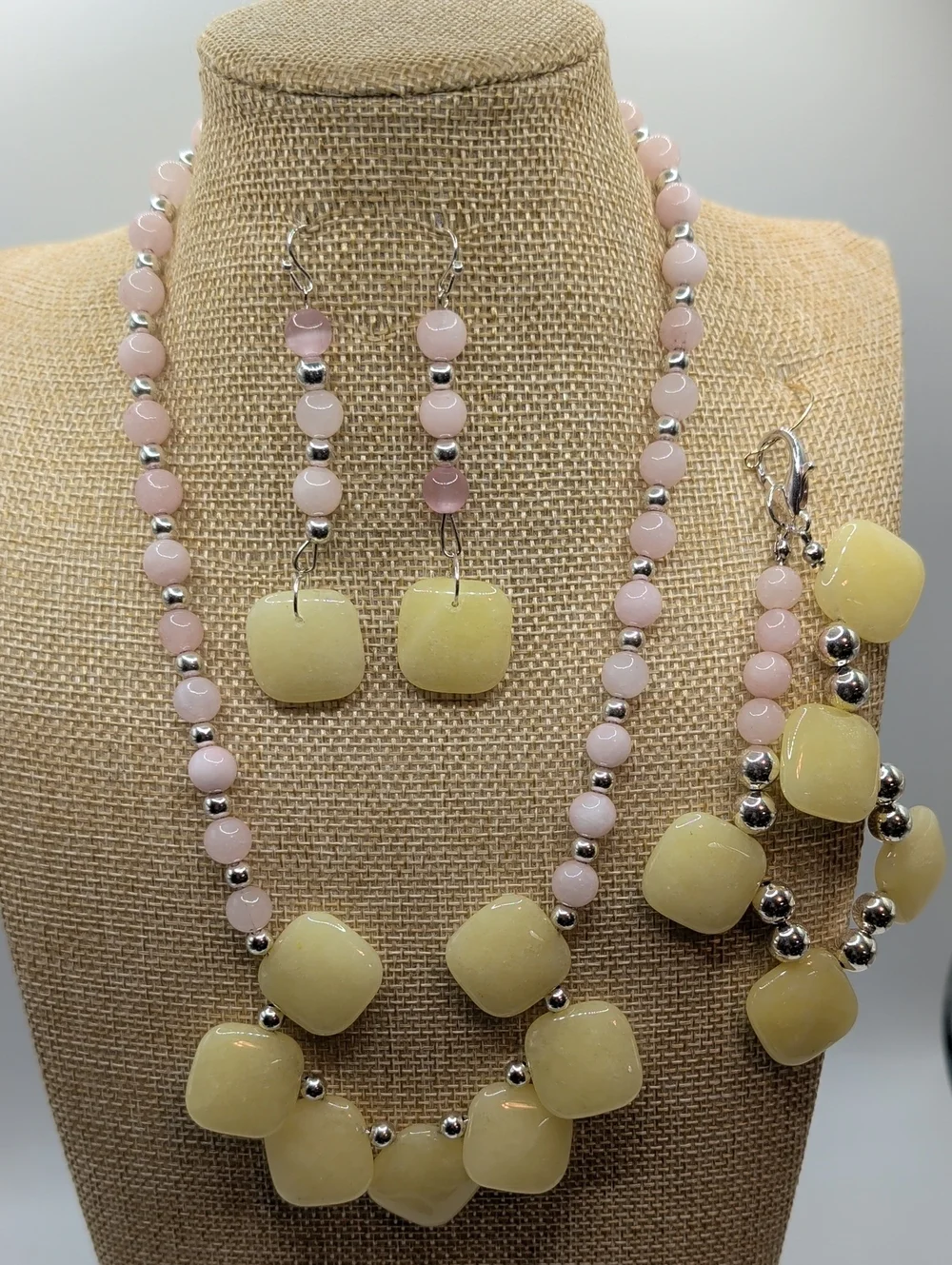 Pastel Yellow & Pink Beaded Necklace, Bracelet and Earrings Set